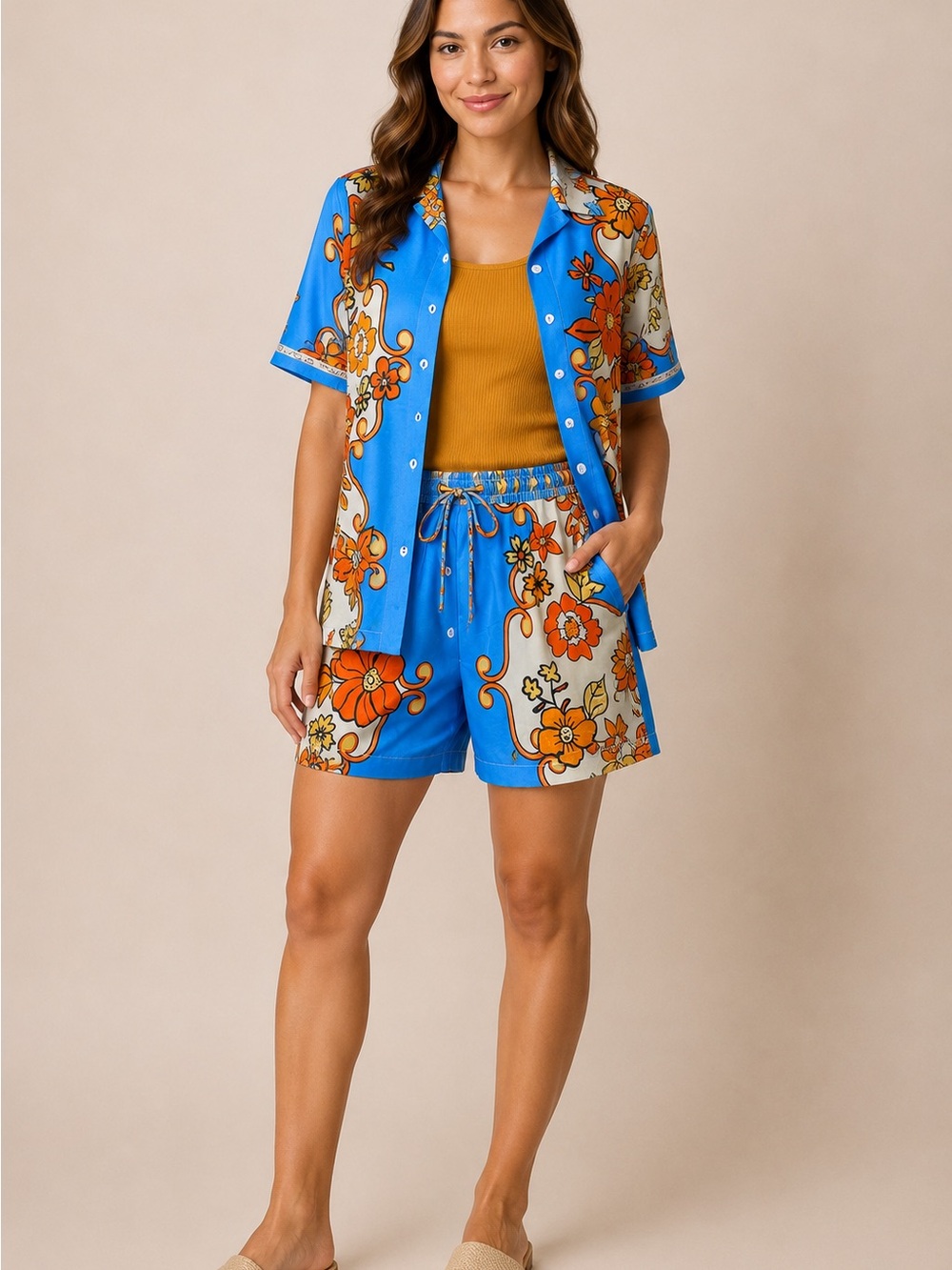 NWT Endless MCon Blue Floral Resort Wear 2-Piece Shorts Set Size Large #1026
